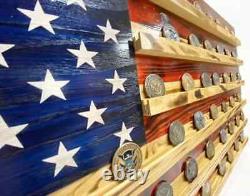 Handmade American Flag Challenge Coin Hanging Wall Display Rack Wooden Finished