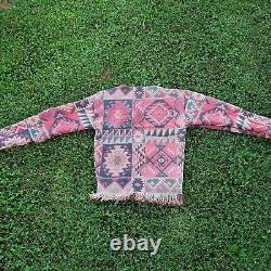 Handmade Blanket Sweatshirt Size Medium Made In USA Aztec Design Rug