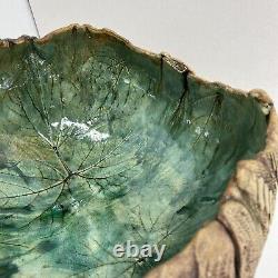 Handmade Clay Pottery Bowl Glazed One Of A Kind Unique Made in USA. Leaf Print