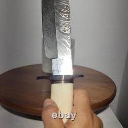 Handmade Damascus Blade Handmade CLELAND Leather Sheath Hunting Survival USA