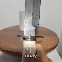 Handmade Damascus Blade Handmade CLELAND Leather Sheath Hunting Survival USA