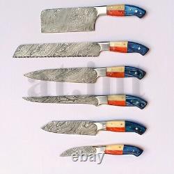 Handmade Damascus Kitchen Chef 7 Knives Set With USA Flag Style Steel Bolsters