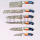 Handmade Damascus Kitchen Chef 7 Knives Set With Usa Flag Style Steel Bolsters