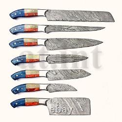 Handmade Damascus Kitchen Chef 7 Knives Set With USA Flag Style Steel Bolsters