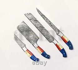 Handmade Damascus Kitchen Chef 7 Knives Set With USA Flag Style Steel Bolsters