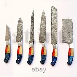 Handmade Damascus Kitchen Chef 7 Knives Set With USA Flag Style Steel Bolsters