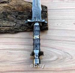 Handmade Damascus Steel Double Edge Viking Sword Battle Ready Sword With Sheath
