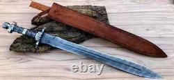 Handmade Damascus Steel Double Edge Viking Sword Battle Ready Sword With Sheath