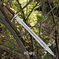Handmade Damascus Steel Viking Sword Double Edge Full Tang Blade & Sheath