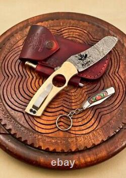 Handmade Damascus steel cigar cutter knife with brass handle, Ships from USA
