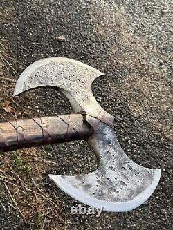 Handmade Heavy Duty Steel Double Edge Viking Axe Ashwood leather Wrapped