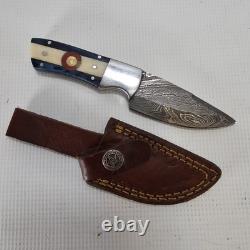 Handmade In USA Damascus Knife Colorado Flag Handle 3.5 In Blade Leather Sheath