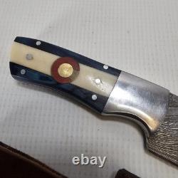 Handmade In USA Damascus Knife Colorado Flag Handle 3.5 In Blade Leather Sheath