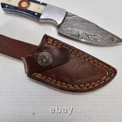 Handmade In USA Damascus Knife Colorado Flag Handle 3.5 In Blade Leather Sheath