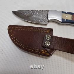 Handmade In USA Damascus Knife Colorado Flag Handle 3.5 In Blade Leather Sheath
