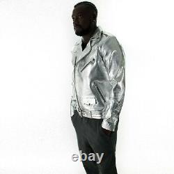 Handmade men genuine leather biker jacket METALLIC SILVER COAT