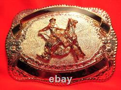 Heavy WELL MADE 2 Banner Calf Roper Maker Marked USA Hand Made Belt Buckle