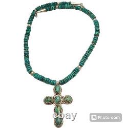 ICONIC NAVAJO Sammy Long Kingman Spider Web Turquoise SILVER CROSS NECKLACE