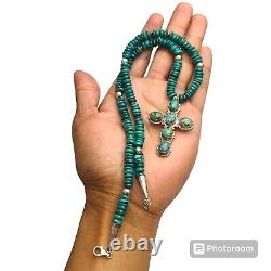 ICONIC NAVAJO Sammy Long Kingman Spider Web Turquoise SILVER CROSS NECKLACE