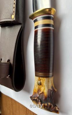 Jim Behring Handmade Special Hunter Knife Stag & Leather Handle Treeman Sheath
