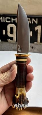 Jim Behring Handmade Special Hunter Knife Stag & Leather Handle Treeman Sheath