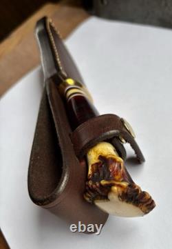 Jim Behring Handmade Special Hunter Knife Stag & Leather Handle Treeman Sheath