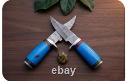 LOT of 2 Handmade Damascus Steel Fixed Blade Knives Resin Handle Leather sheets