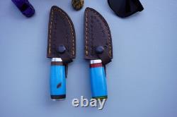 LOT of 2 Handmade Damascus Steel Fixed Blade Knives Resin Handle Leather sheets