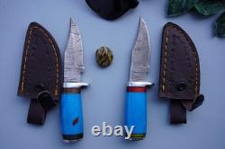 LOT of 2 Handmade Damascus Steel Fixed Blade Knives Resin Handle Leather sheets