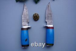 LOT of 2 Handmade Damascus Steel Fixed Blade Knives Resin Handle Leather sheets
