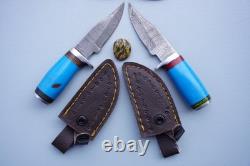 LOT of 2 Handmade Damascus Steel Fixed Blade Knives Resin Handle Leather sheets