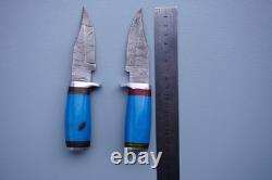 LOT of 2 Handmade Damascus Steel Fixed Blade Knives Resin Handle Leather sheets