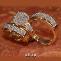 Lab-Created Diamond Wedding Bridal His/Her Trio Ring Set 14K Yellow Gold Plated