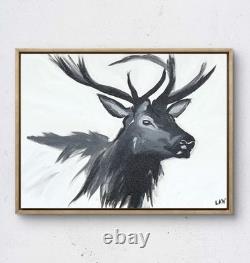 Laeknapes Monochromatic Elk Abstract Art 12X16 Canvas Expressionist Home Decor