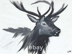 Laeknapes Monochromatic Elk Abstract Art 12X16 Canvas Expressionist Home Decor