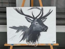 Laeknapes Monochromatic Elk Abstract Art 12X16 Canvas Expressionist Home Decor