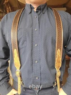 Leather Western Cowboy Suspenders Geometric Stamped. Hand Made In The USA