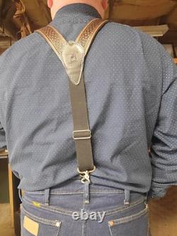 Leather Western Cowboy Suspenders Geometric Stamped. Hand Made In The USA