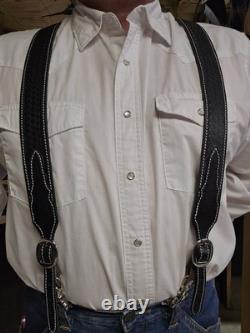 Leather Y-Back Suspenders for Western Cowboys Black, Heavy Duty. Made In The USA