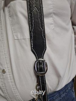 Leather Y-Back Suspenders for Western Cowboys Black, Heavy Duty. Made In The USA