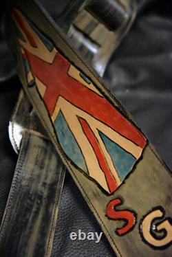 Leather guitar strap custom tooled hand made Union Jack new made in USA