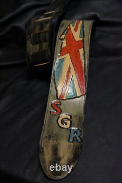 Leather guitar strap custom tooled hand made Union Jack new made in USA