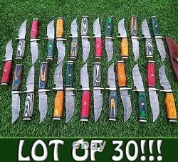 Lot Of 30 6'' Handmade Damascus Blade Outdoor USA Wood Hunting Knives EDC Sheath