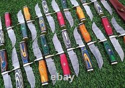 Lot Of 30 6'' Handmade Damascus Blade Outdoor USA Wood Hunting Knives EDC Sheath