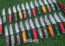 Lot Of 30 6'' Handmade Damascus Blade Outdoor USA Wood Hunting Knives EDC Sheath