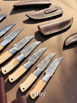 Lot of 10 Damascus steel Skinning knife with leather sheath