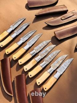 Lot of 10 Damascus steel Skinning knife with leather sheath