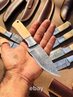 Lot of 10 Damascus steel Skinning knife with leather sheath