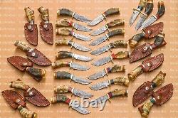 Lot of 20 6 Inch Handmade Damascus Steel Skinner Hunting Knives Ram Horn Withsheat