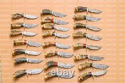 Lot of 20 6 Inch Handmade Damascus Steel Skinner Hunting Knives Ram Horn Withsheat